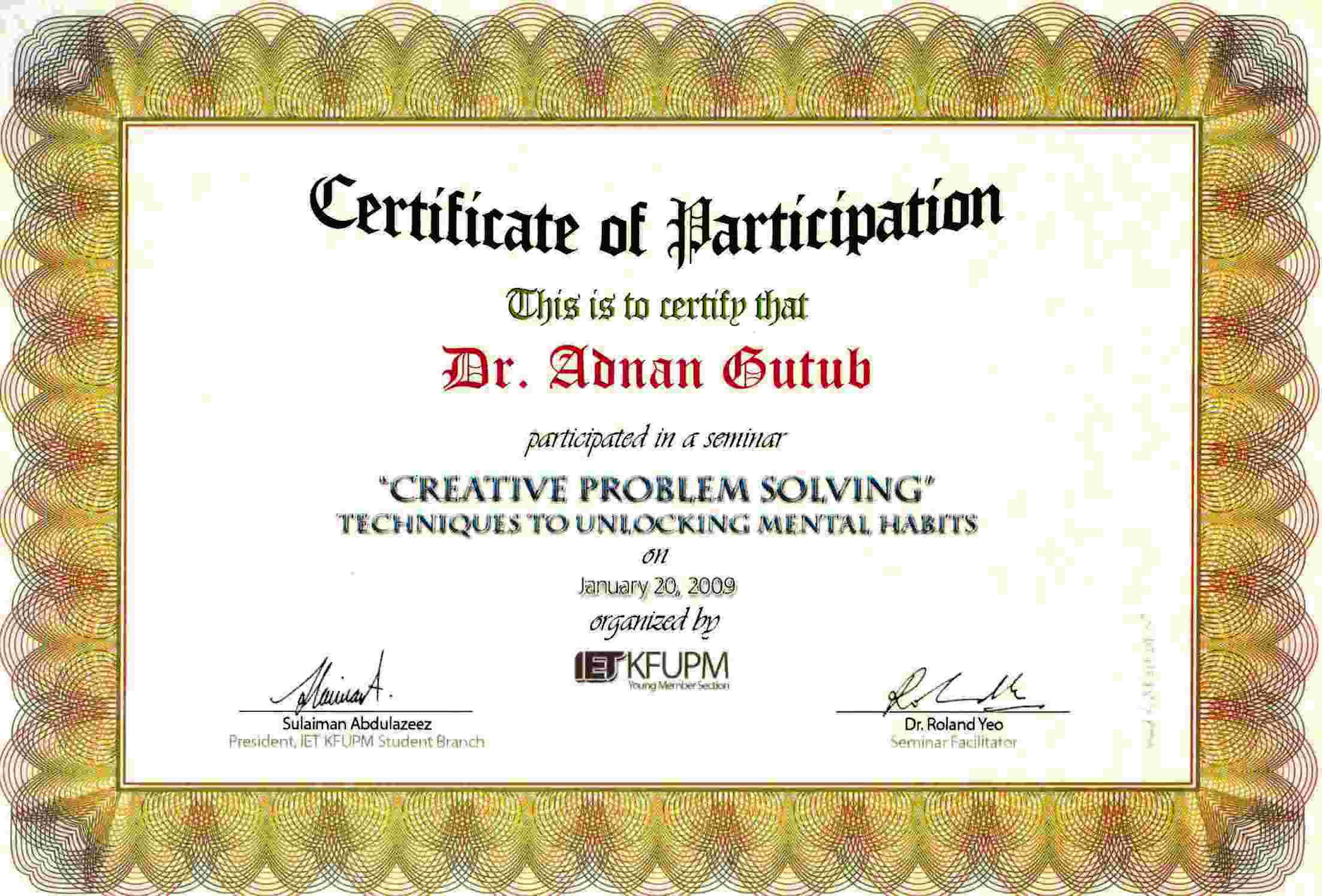representing kfupm adnan abdulaziz muhammad gutub computer certificate of participation in seminar