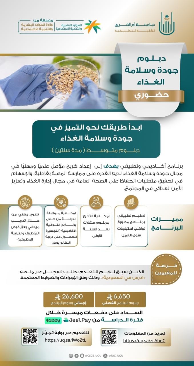 اغتنم الفرصة بالتقديم في دبلومات الكلية التطبيقية الحضورية تخصصات نوعية و متنوعة