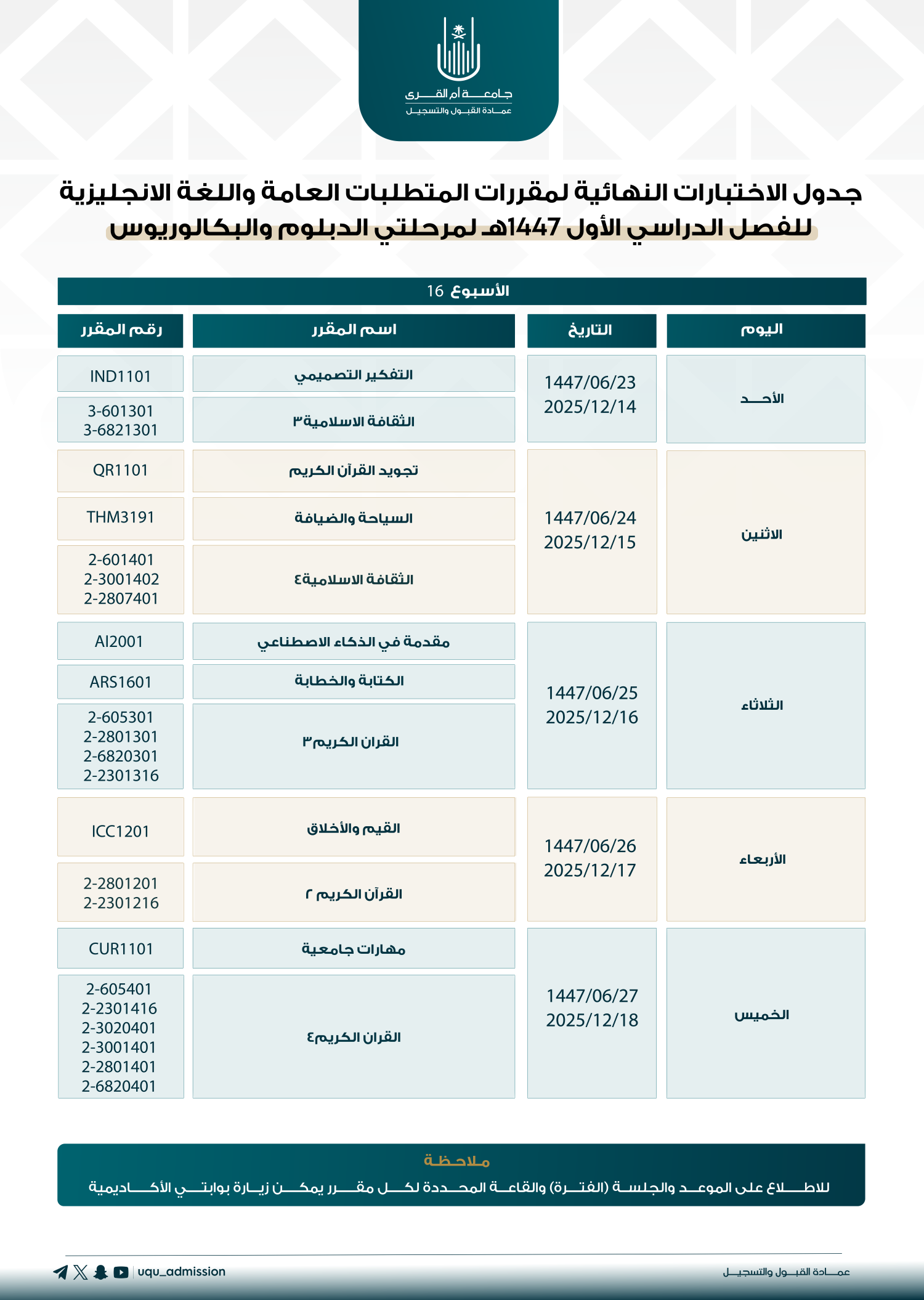 جدول الاختبارات النهائية لمقررات المتطلبات العامة واللغة الإنجليزية للفصل الدراسي الأول 1447هـ