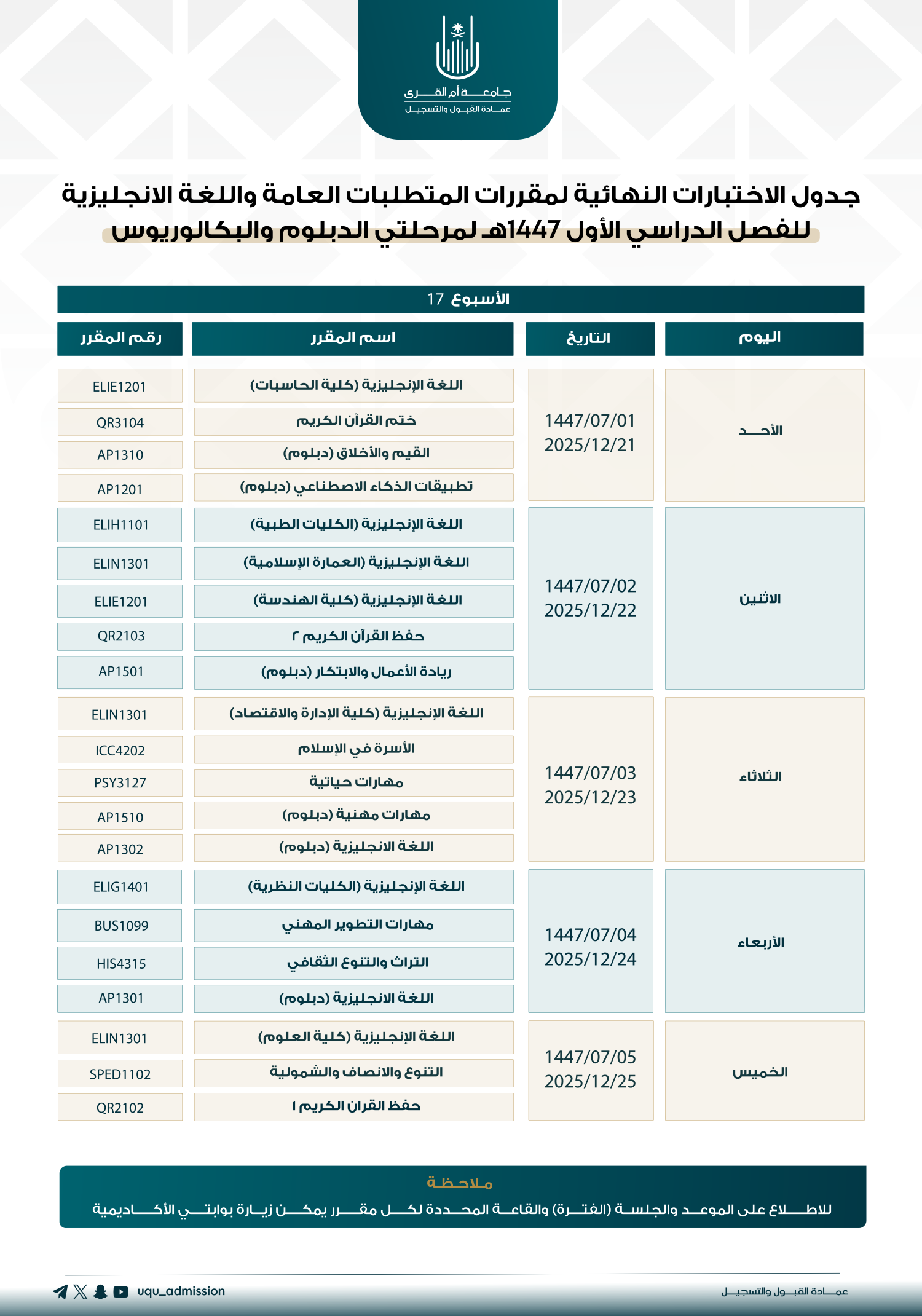 جدول الاختبارات النهائية لمقررات المتطلبات العامة واللغة الإنجليزية للفصل الدراسي الأول 1447هـ