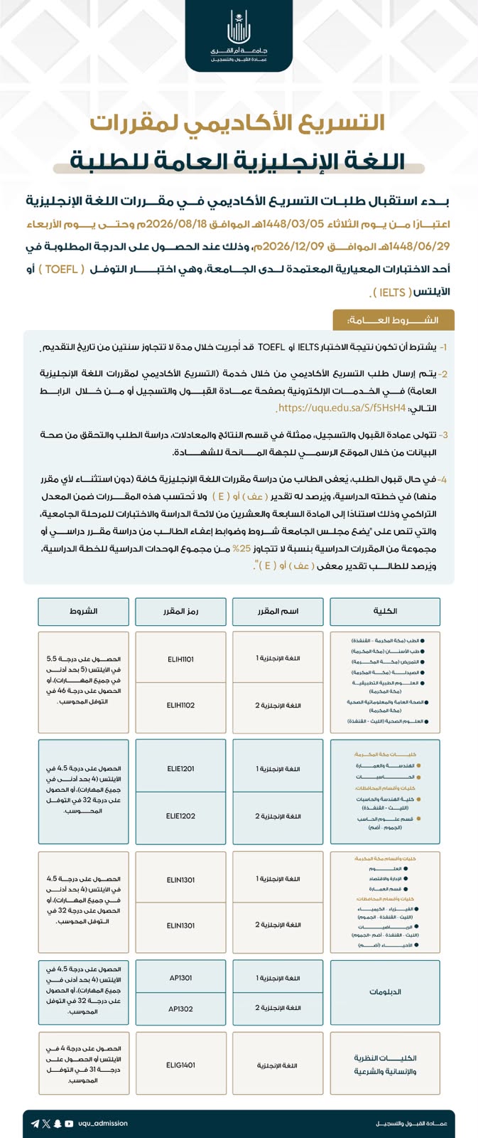 إعــلان|    ‏التسريع الأكاديمي لمقررات اللغة الإنجليزية العامة   للطلبة لعام 1448هـ