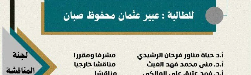 اعلان مناقشة رسالة دكتوراه للطالبة عبير الصبان