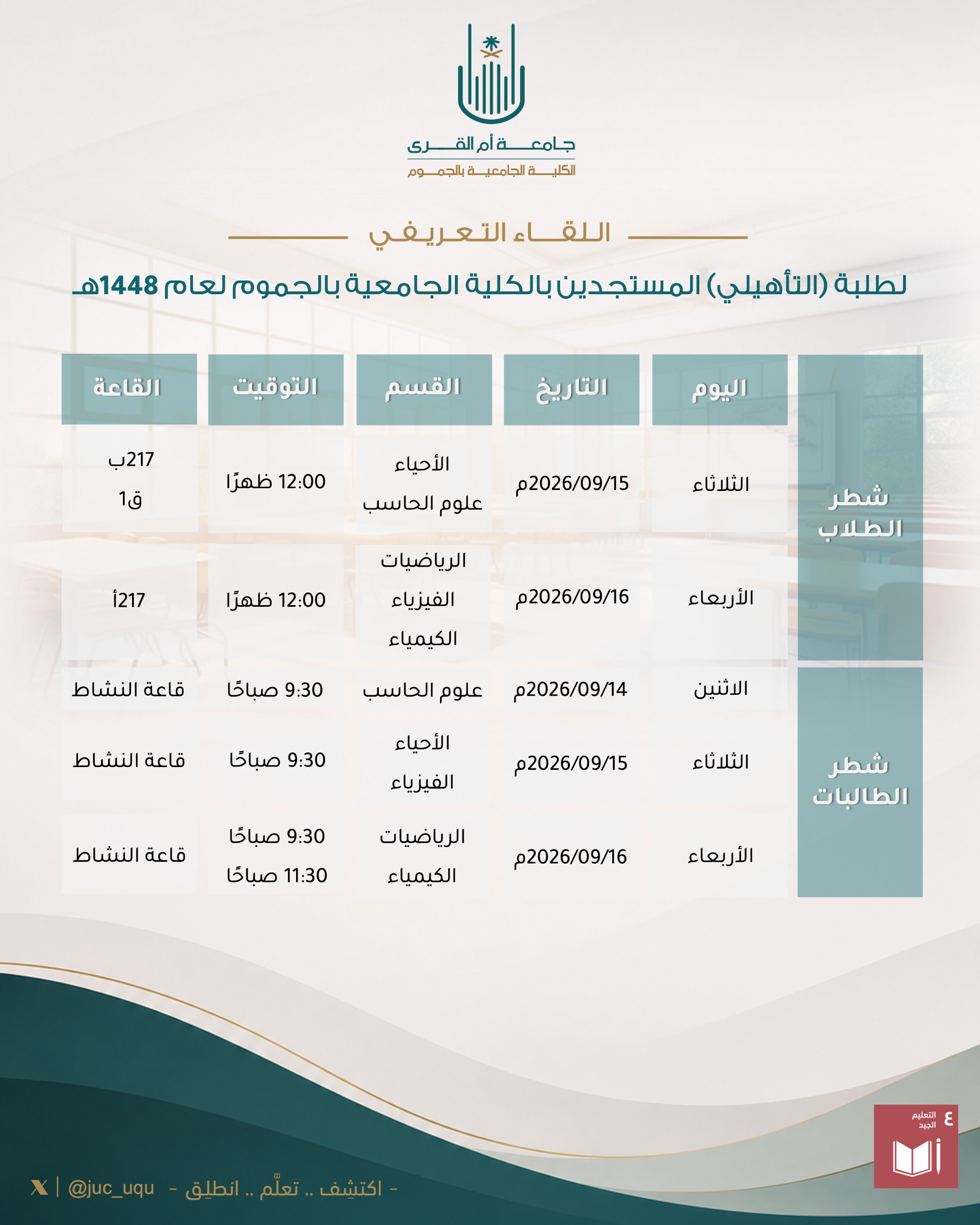 تُعلن الكلية عن مواعيد اللقاء التعريفي لطلبة التأهيلي المستجدين لعام 1448هـ