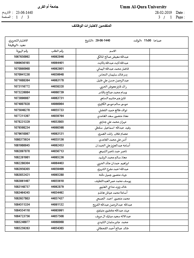 إعلان بتاريخ ووقت الاختبار التحريري للمتقدمين على وظيفة معيد بكلية المجتمع الكلية التطبيقية جامعة أم القرى