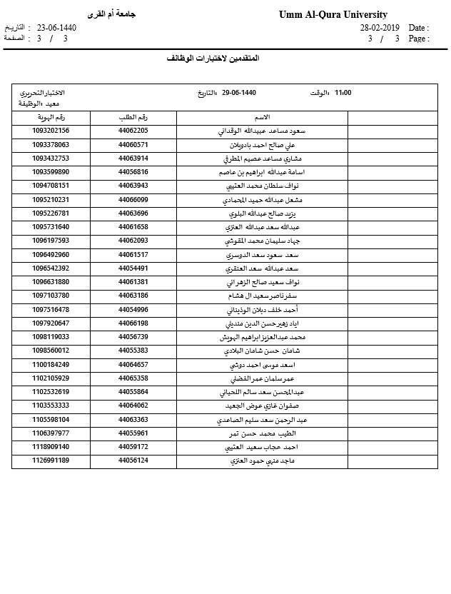 إعلان بتاريخ ووقت الاختبار التحريري للمتقدمين على وظيفة معيد بكلية المجتمع الكلية التطبيقية جامعة أم القرى