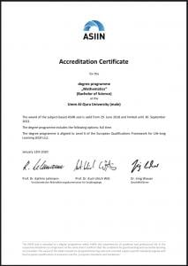 The Department of Mathematical Sciences Obtains International Accreditation by the German ASIIN Accreditation Agency