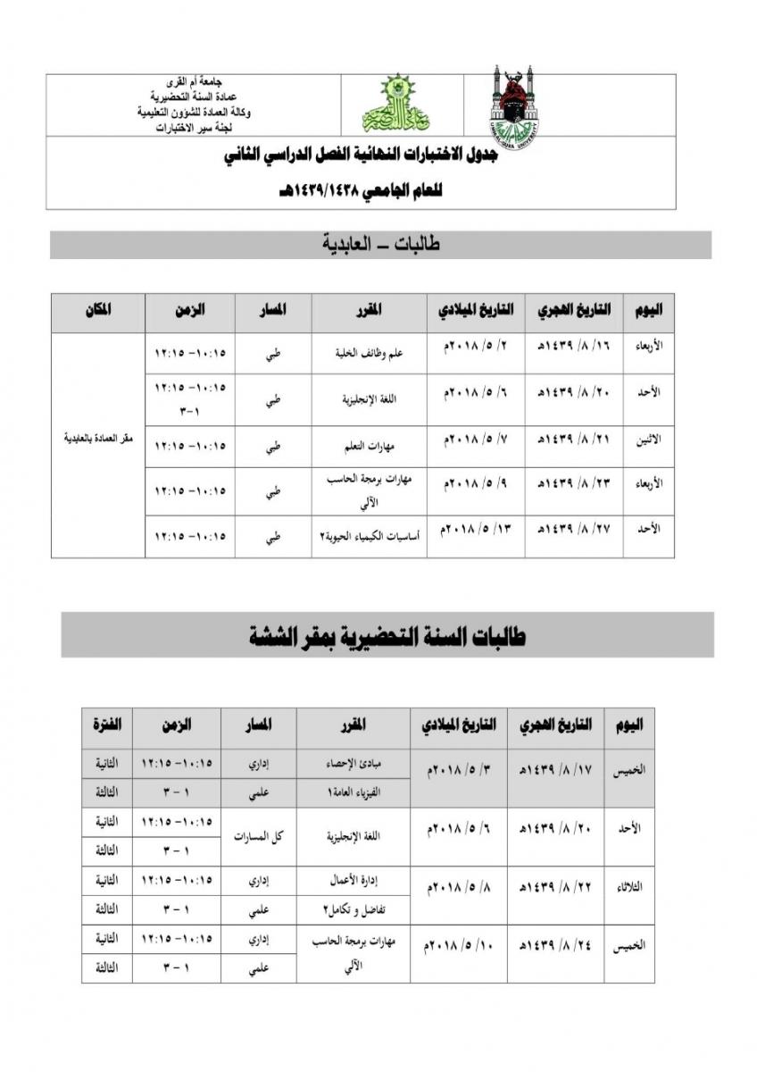 جدول الاختبارات النهائية للفصل الدراسي الثاني (طالبات ...