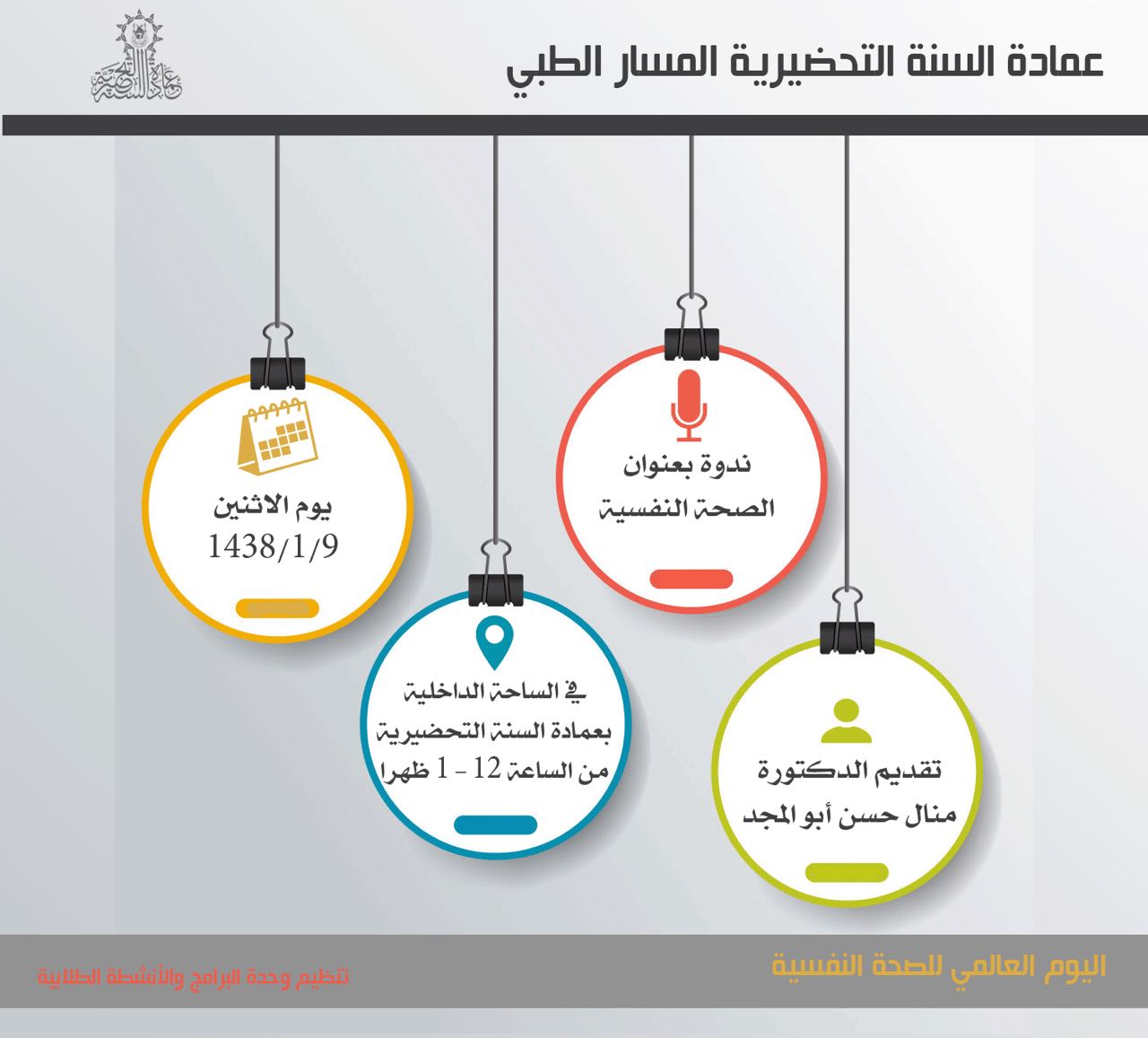 السنة التحضيرية طبي تقيم ندوة الصحة النفسية بمناسبة يومها العالمي عمادة السنة الأولى المشتركة وكالة الجامعة للشؤون التعليمية جامعة أم القرى