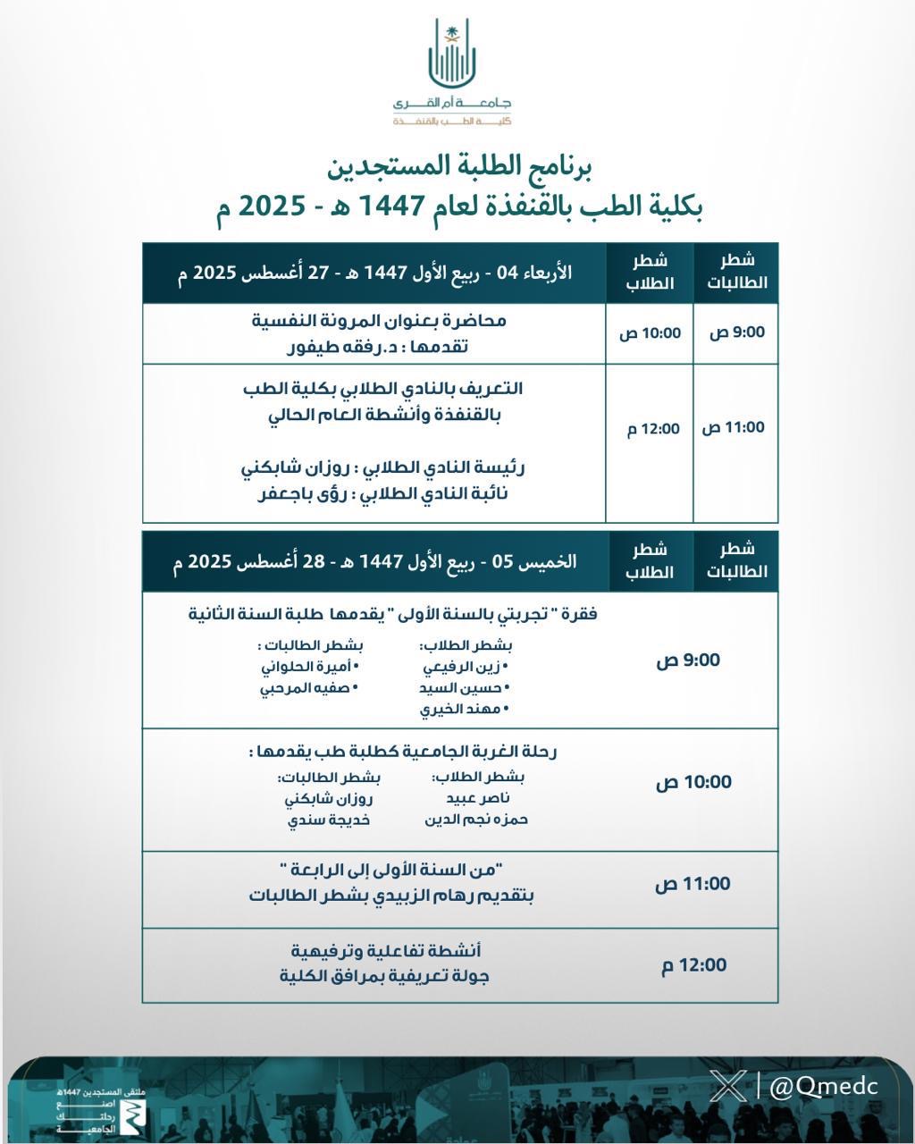 دعوة لحضور برنامج تهيئة الطلبة المستجدين بكلية الطب بالقنفذة لعام 1447هـ