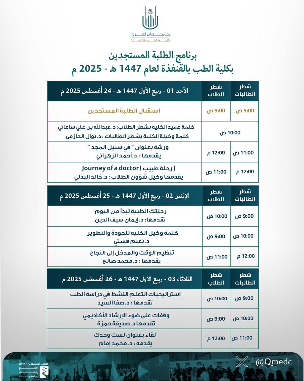 دعوة لحضور برنامج تهيئة الطلبة المستجدين بكلية الطب بالقنفذة لعام 1447هـ